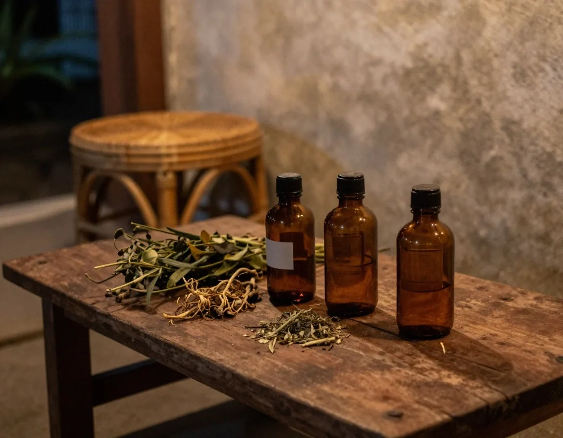 Amber and dark glass supplement bottles with dried botanicals on a worn wooden warung counter in warm light