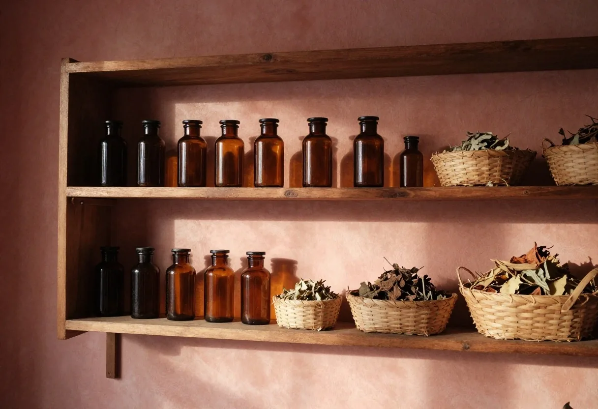 Quiet corner of a small wellness shop with amber glass bottles and baskets of dried botanicals in low afternoon light