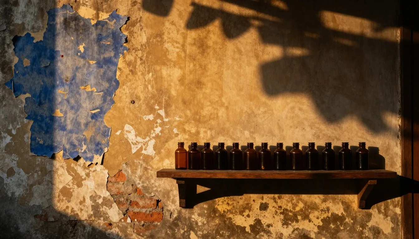Sunlit limewash wall with layered pasted posters and a plywood shelf of amber glass jars in raking afternoon light