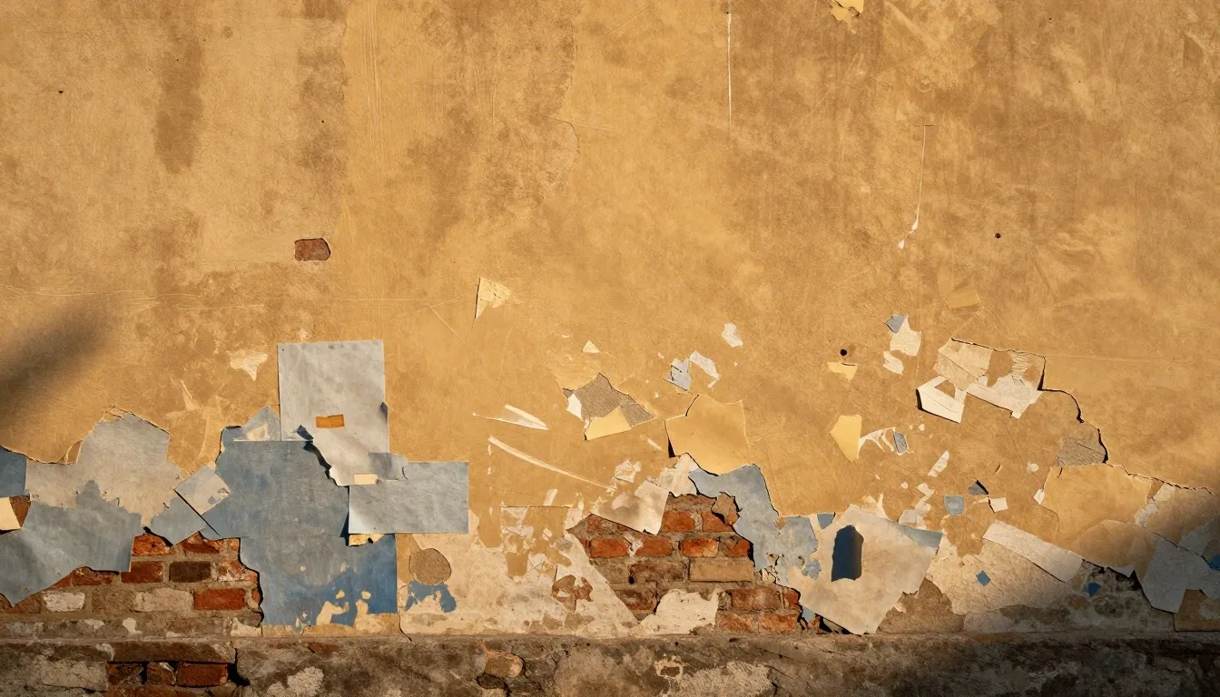 Sunlit limewash wall with layered pasted posters in warm late-afternoon light