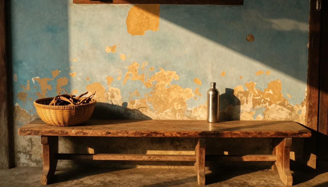 Sunlit limewash warung wall covered with layered pasted litho sheets in indigo and amber, raking late-afternoon light