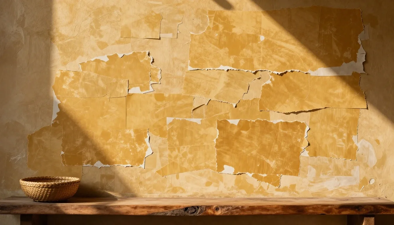 Sunlit limewash wall in Kuta layered with torn pasted paper sheets in warm late-afternoon light